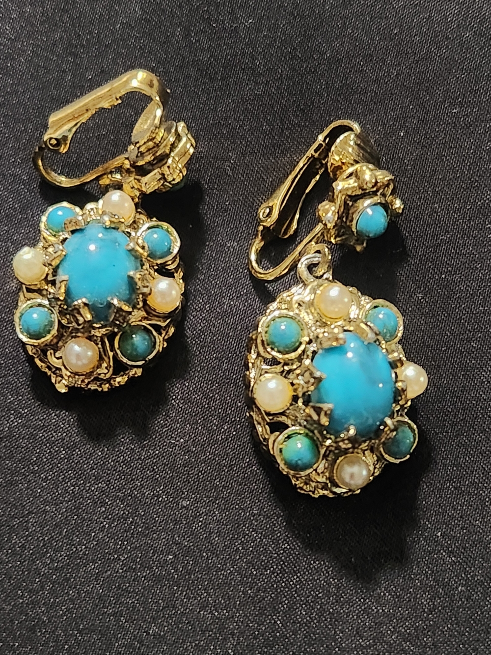 Vintage Faux Turquoise & Faux Pearl Gold-Tone Dangle Clip-On Earrings
